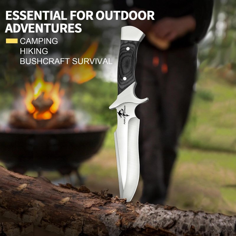 Purple Dragon Camping Fixed Blade Knife with Sheath,6 Inch Outdoor Knife Full Tang 440C Steel Bushcraft Knives with Redwood Handle-Outdoor Gear Christmas Gift for Men and Women Black