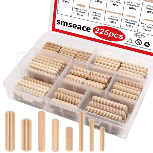 smseace Wooden Dowel Pins - 8 Sizes 1/4Inch 5/16Inch 3/8Inch Fluted Wooden Dowel Kit for Crafts, Furniture, Door, DIY