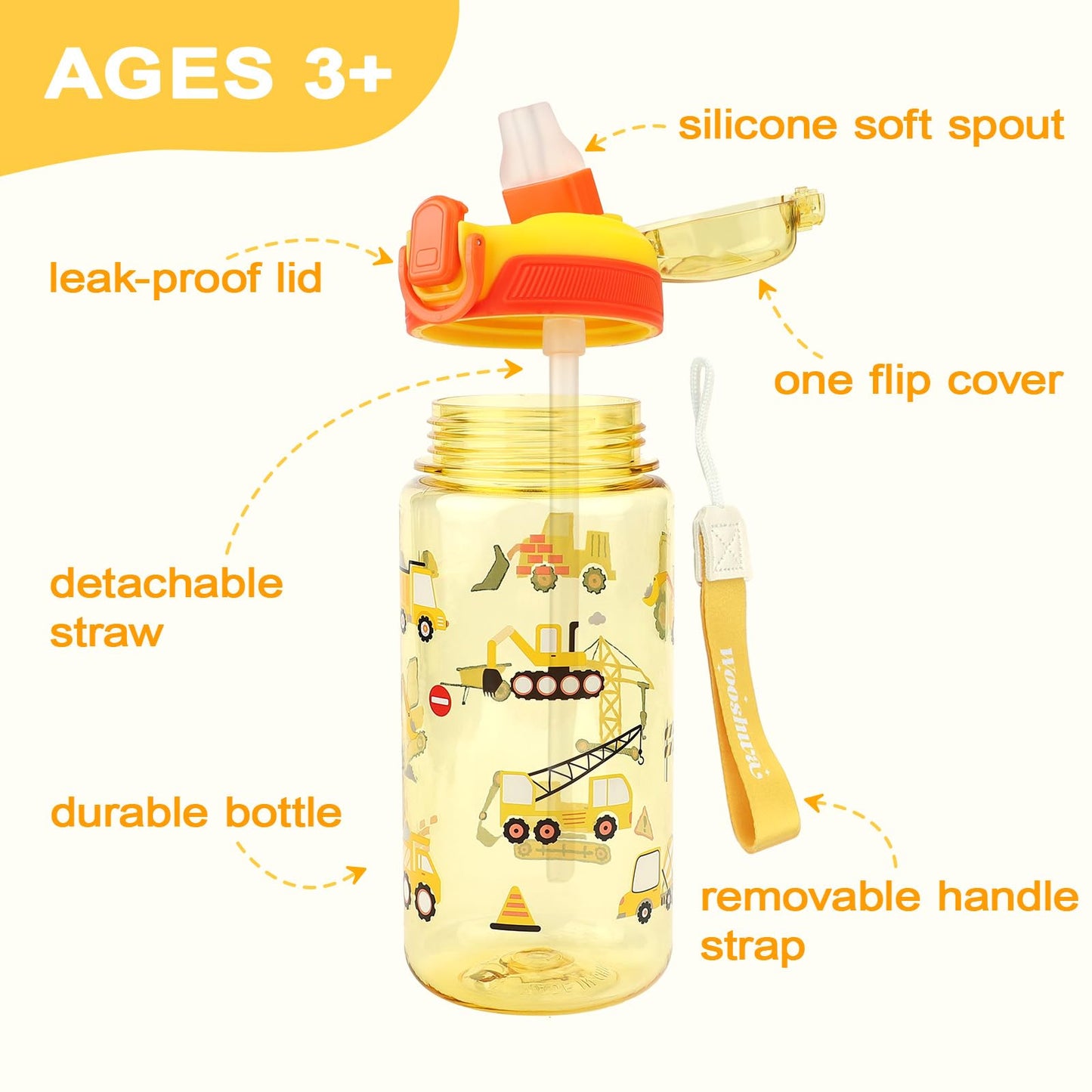 wooshwa Kids Water Bottle for School or Travel, 20 Oz Durable Plastic Water Bottle with Silicone Straw and Pop-Up Spout Cover, BPA Free & Dishwasher Safe(Excavator)