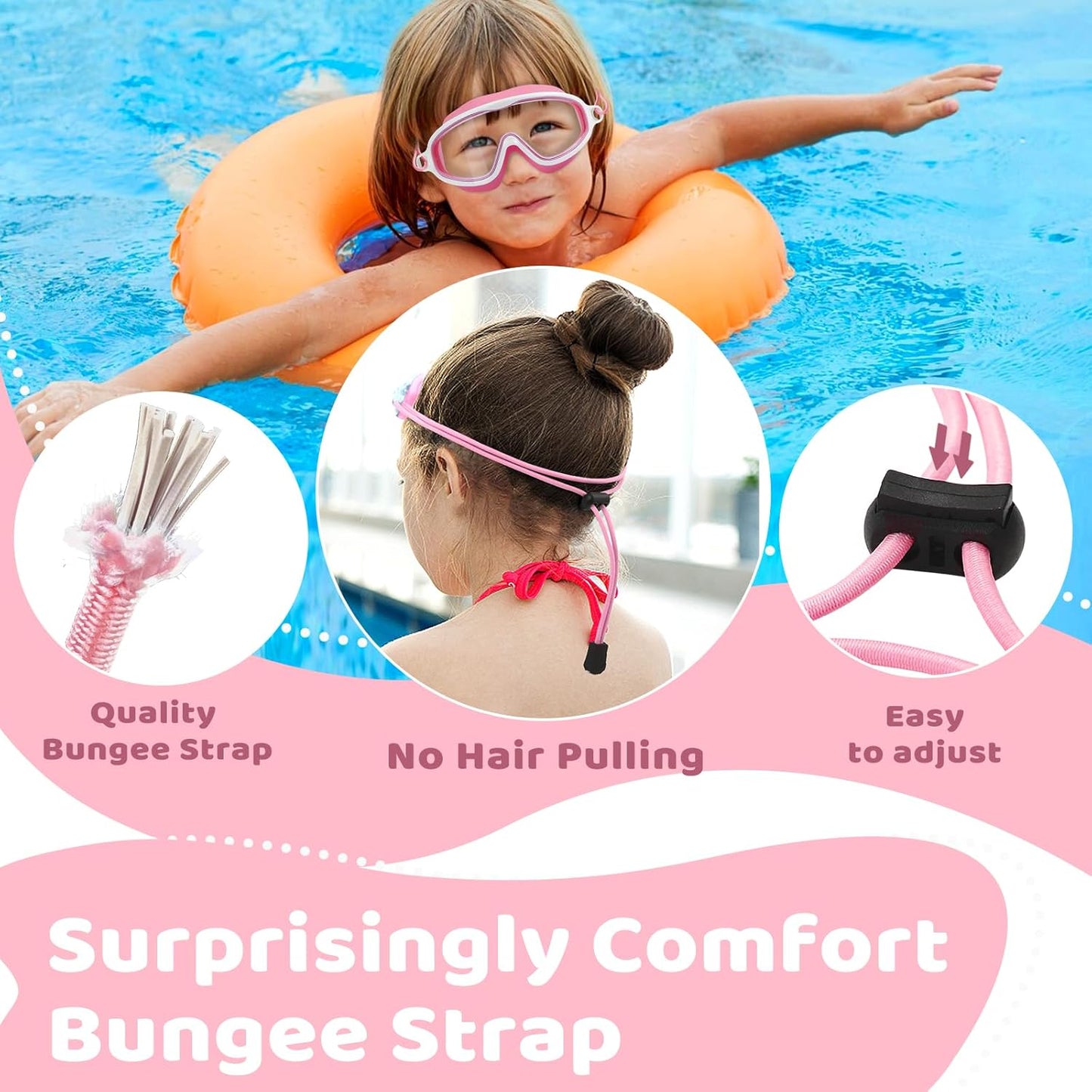 Vvinca Kids Swim Goggles - Wide View Anti-Fog UV Protection | Adjustable Bungee Strap for Ages 3-14