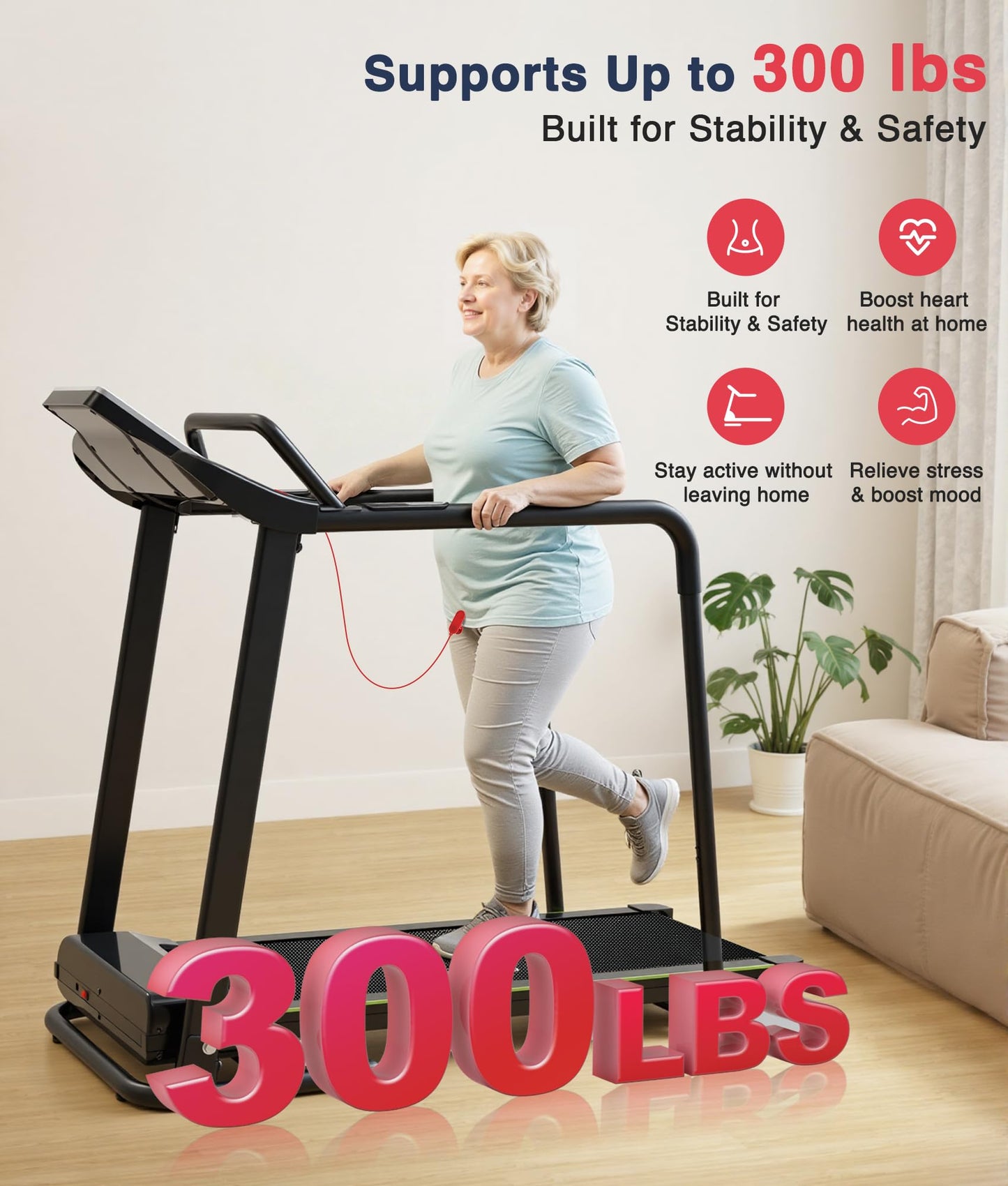 Redliro Treadmill for Seniors - 0.3mph Slow Start,Front & Long Handrails