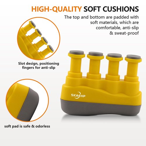 Hand exerciser - Improves finger, hand, and forearm flexibility and strength - Adjustable tension for each finger - Simulates guitar strings to help build calluses - Comfortable workout - Yellow and gray