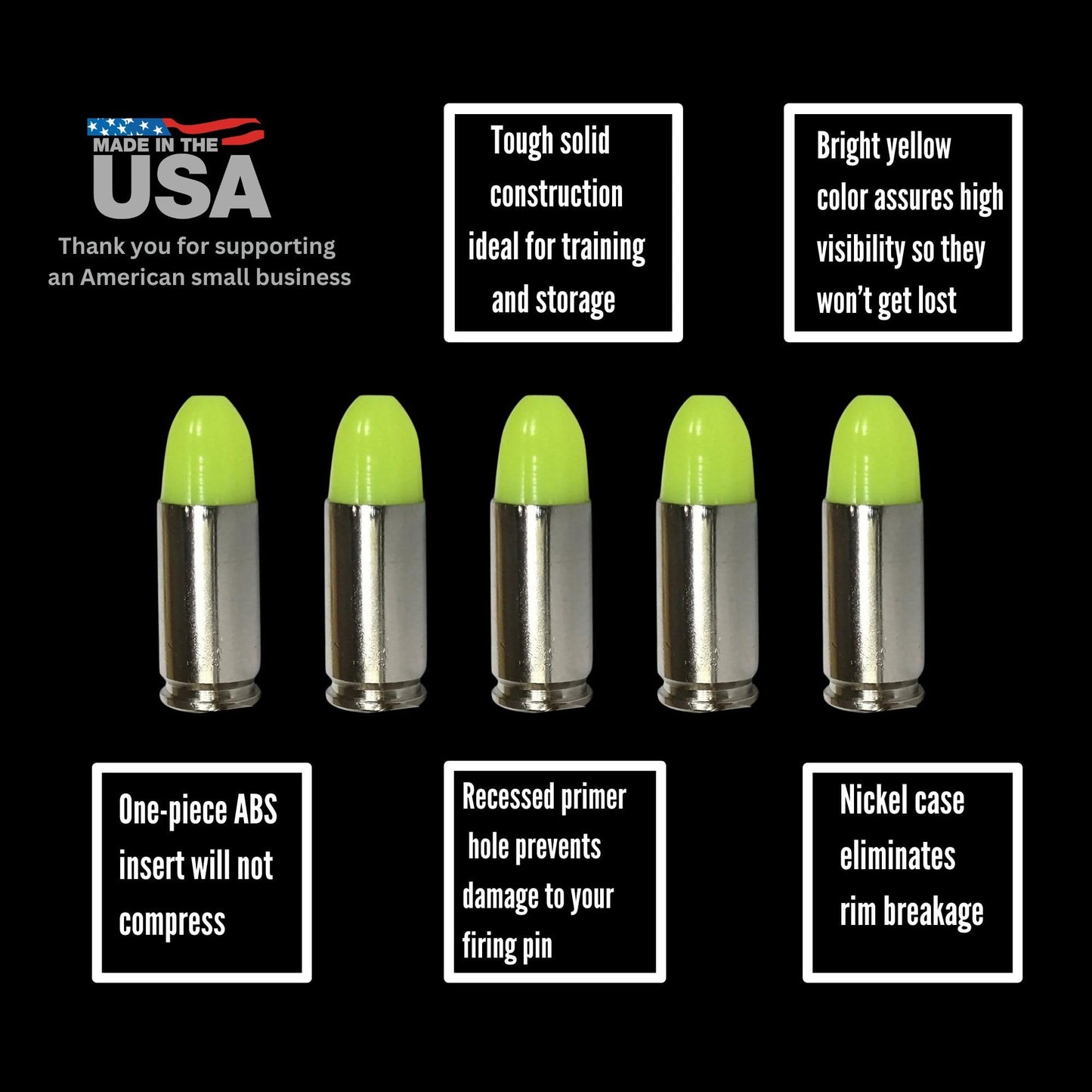 S.T. Action Pro 9mm Dummy Rounds – Yellow Safety Trainer Dummy Rounds, Reusable Dry Fire Training Ammunition (5-Pack) for Gun Owners - Veteran-Owned, Assembled in the USA
