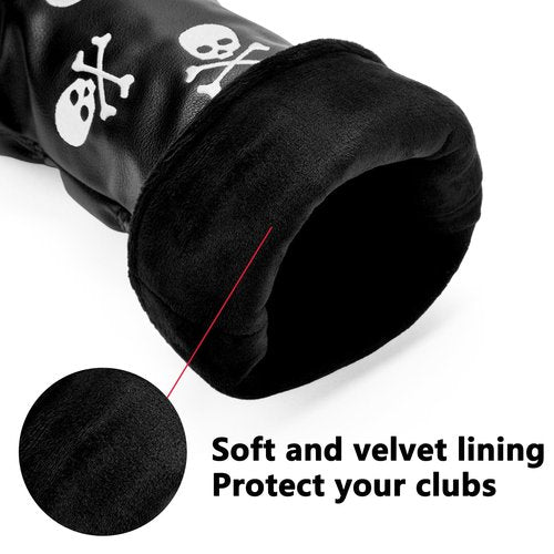 Gbourly 3PCS Skeleton Golf Club Skull and Crossbones Driver, Fairway Wood and Hybrid Head Covers Set PU Leather Headcovers for Women and Men (Black)