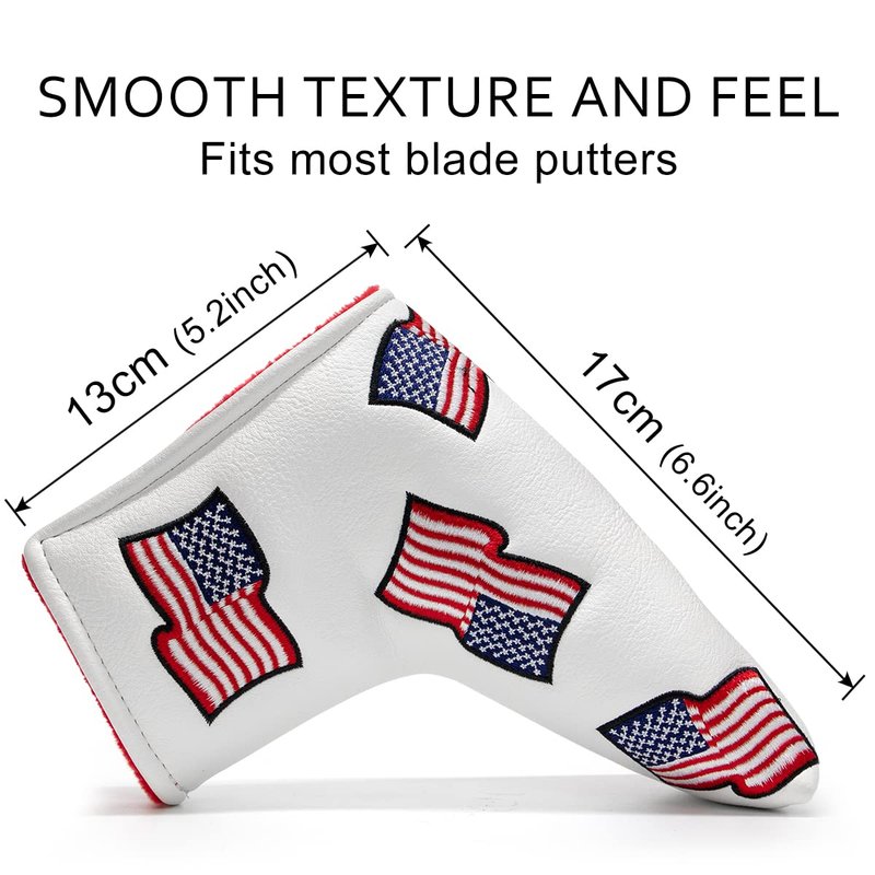 US Flag Putter Headcover - Premium Leather Magnetic Head Cover - White Golf Accessory