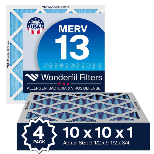 10x10x1 MERV 13 Air Filter (4-Pack) | Wonderfil Filters | Pleated HVAC Design | Perfect Fit for AC & Furnace Systems | Actual Size: 9.5" x 9.5" x 0.75"