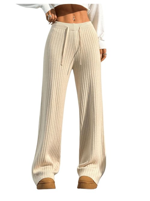 Verdusa Women's Wide Leg Sweatpants Comfy Lounge Pants Straight Leg Baggy Pants Yoga Workout Knit Trousers Winter Clothing Apricot Small