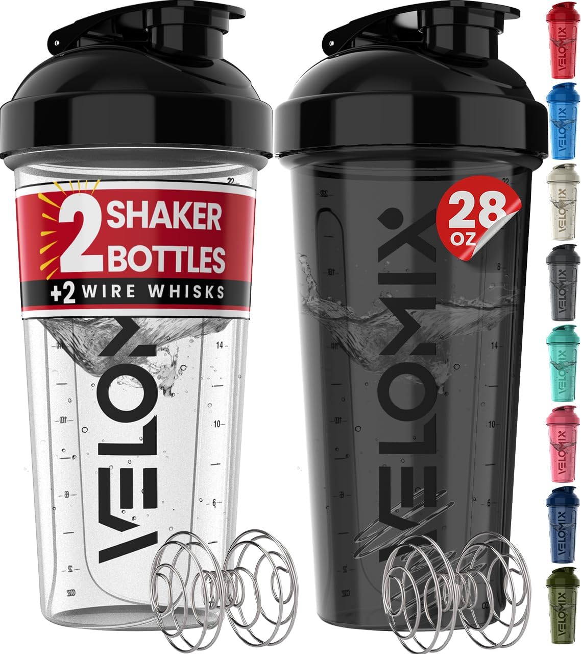 Velomix Protein Shaker Bottles - 28 oz Leak Proof Cups with 2x Wire Whisk | 2 Pack (Black/Transparent)