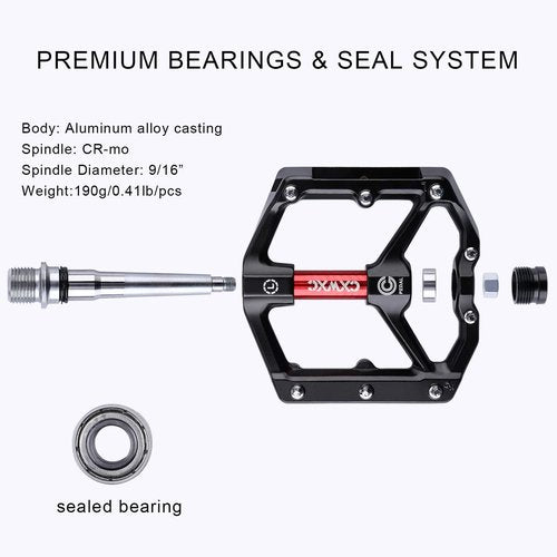 CXWXC Road/MTB Bike Pedals - Aluminum Alloy Bicycle Pedals - Mountain Bike Pedal with Removable Anti-Skid Nails (A: Black-Red)