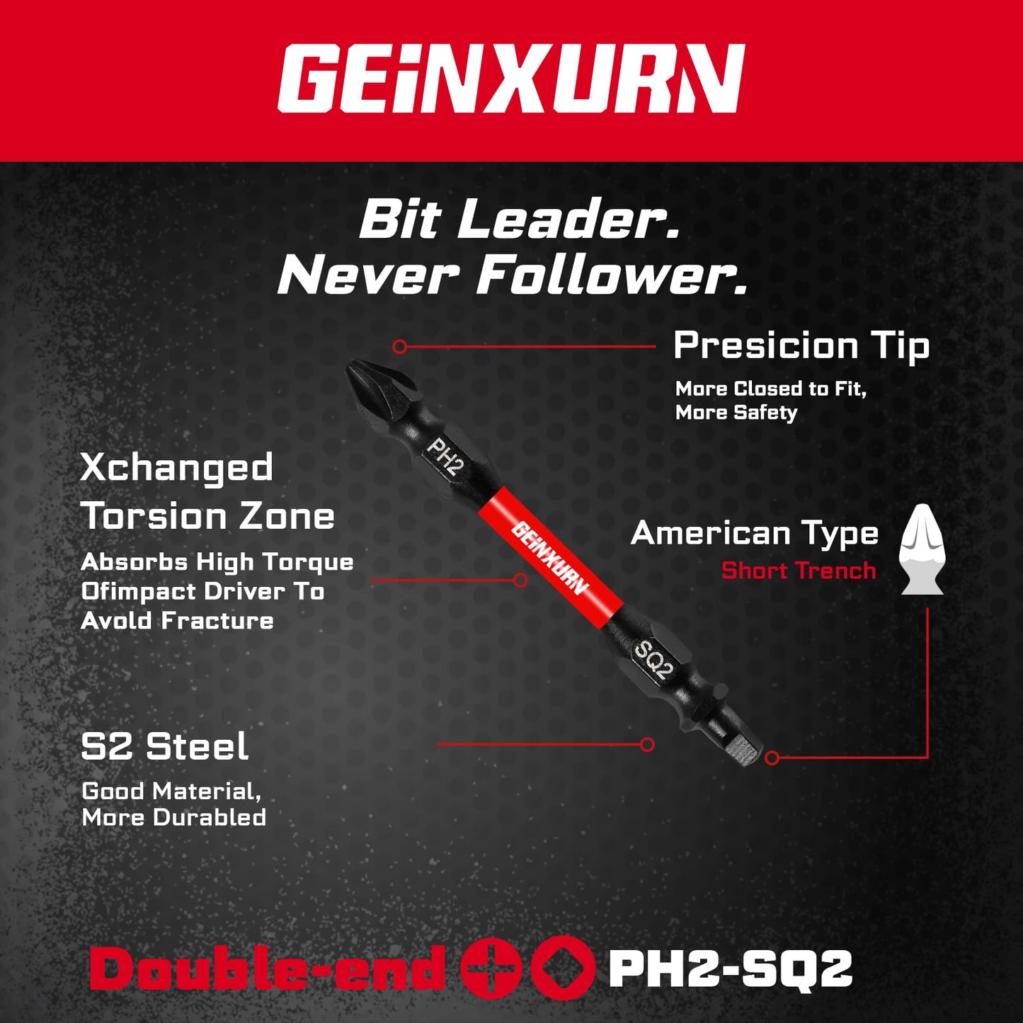 Geinxurn 10Pcs PH2-SQ2 Impact Double End Screwdriver Bit Set, 2.56 in. #2 Phillips /#2 Square Power Driver Bits, Magnetic S2 Steel Two Sides Screwdriver Bits Set with Storage M-Box