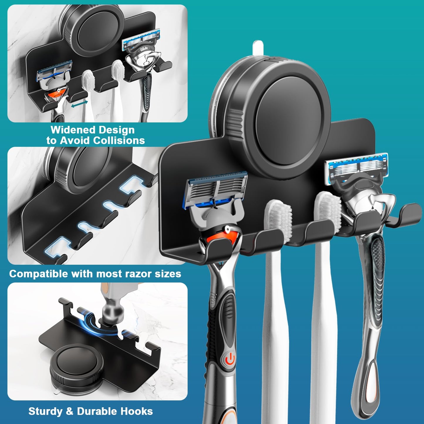 RIVAMBER Suction Cup Hooks, Razor Holder for Shower, Matte Black Waterproof No Drill Hanger for Hanging Loofah Towel Bathroom Kitchen Tiles Glasses