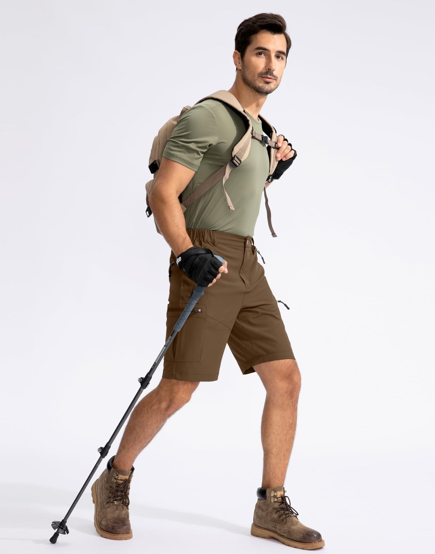 Pudolla Men's Hiking Cargo Shorts 9" Lightweight Outdoor Work Shorts for Men Travel Golf Camping Casual with 5 Zipper Pockets(Brown Medium)