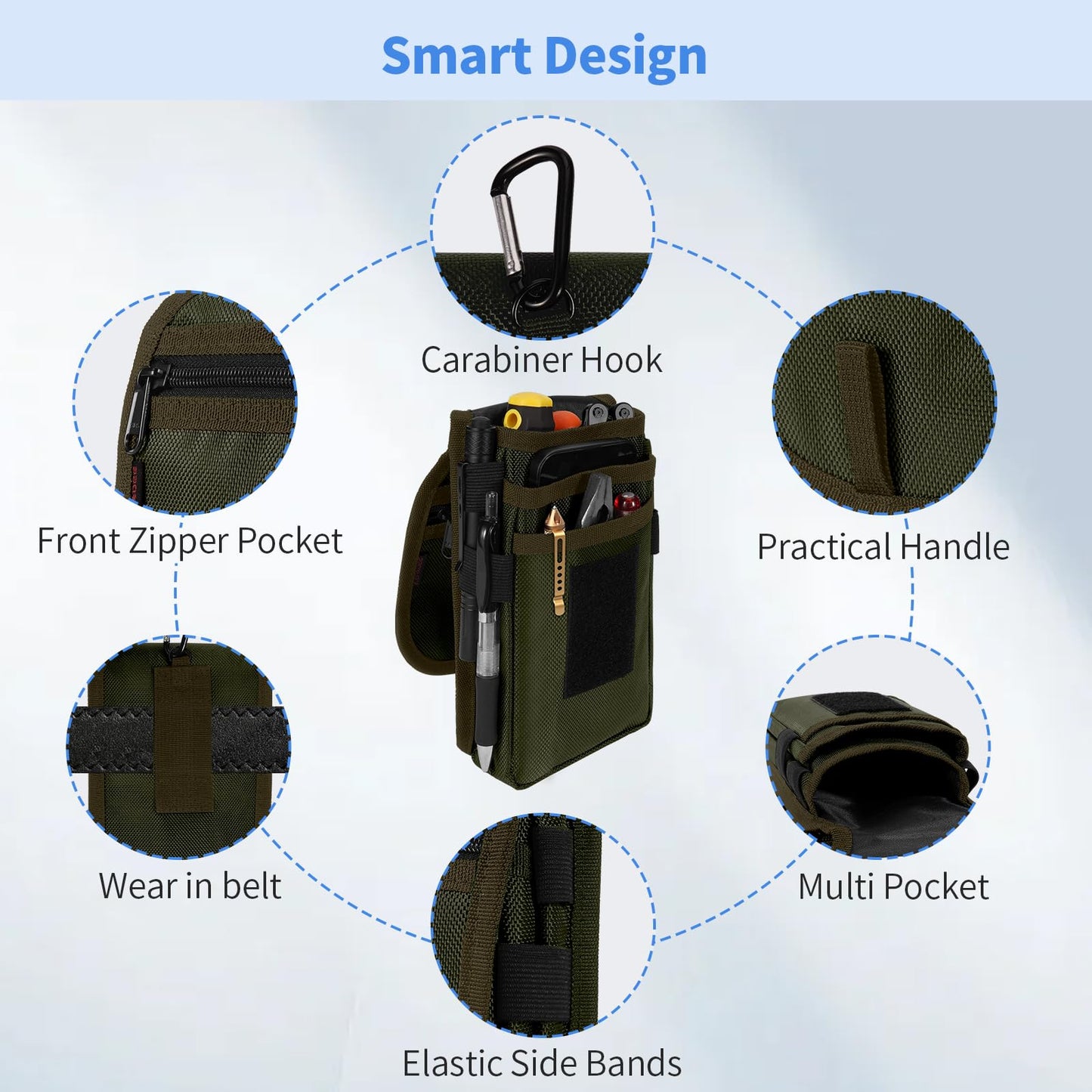 KENOBEE Belt Tool Pouch, Multitool Organizer Electrician Holster Nylon Tactical Pocket Attachment Utility Sheath Bag Tradesman Pro Maintenance Tool Sleeve for EDC Gears Cellphone, Olive