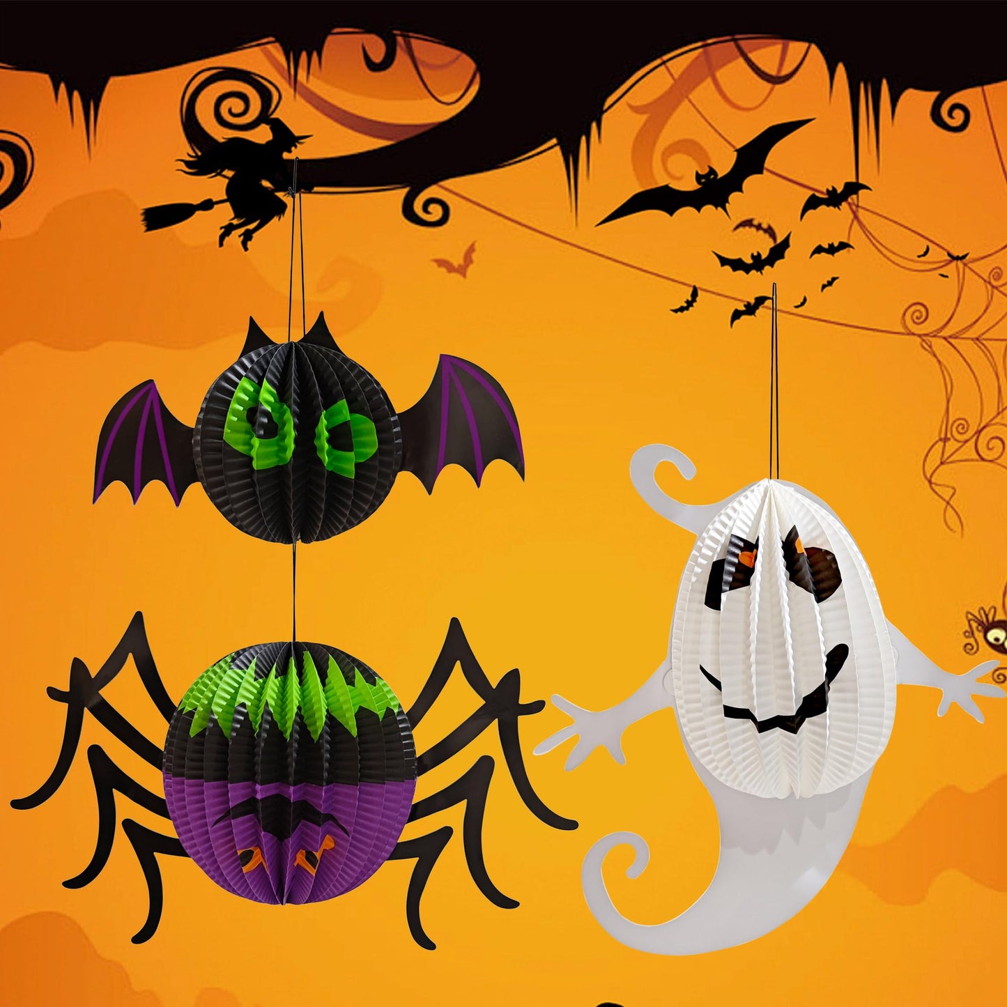 AIMI Halloween Party Decorations 6 Pack, Large 12-20Inch Hanging Paper Lanterns 3D Folding Pumpkins Spiders Ghosts Bats Halloween Party Supplies for Boys Girls Kids Home School Decor Indoor