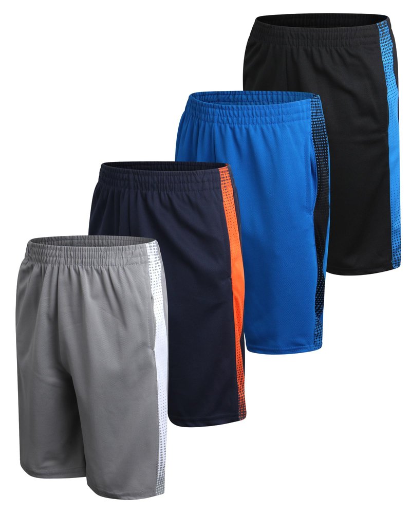 Pro Athlete Boys Basketball Shorts - 4 Pack Athletic Gym Shorts with Elastic Waistband & Zipper Pockets for Workout & Running, Size 10-12, Navy/Black/Grey/Royal
