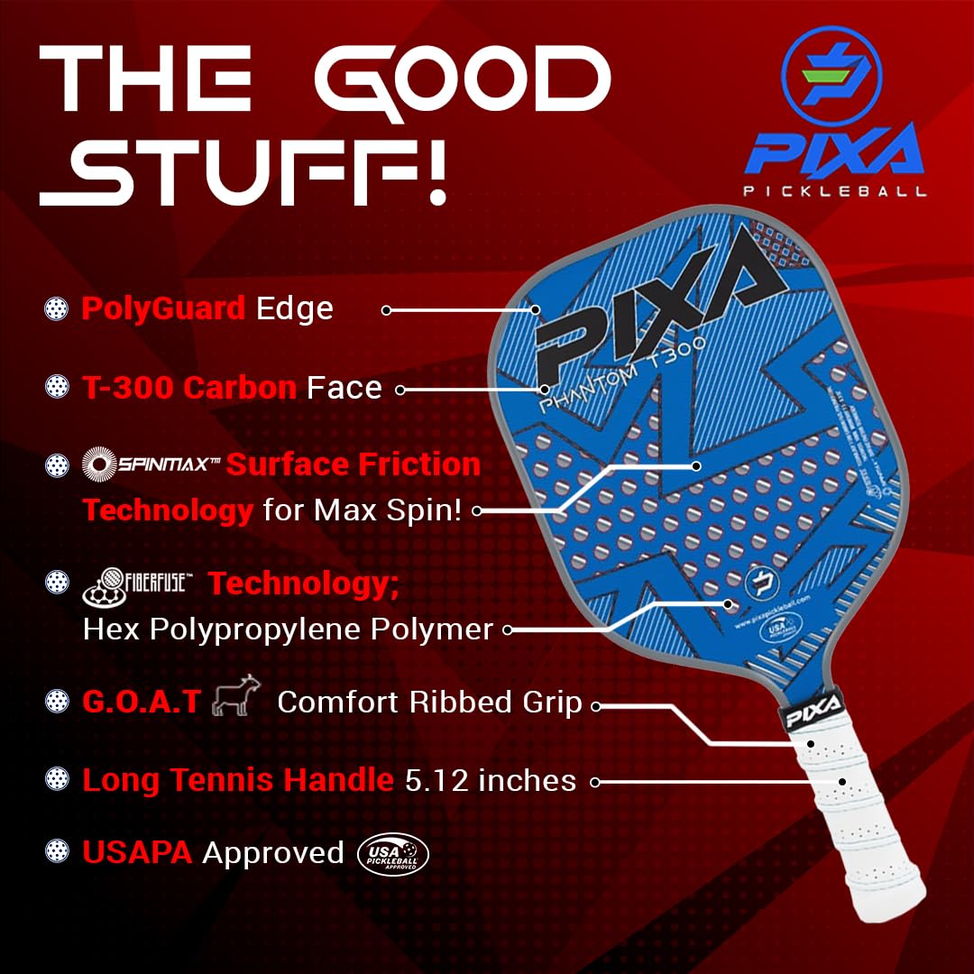 Phantom T300 Carbon Fiber Pickleball Paddle – Grit-Textured Surface for Spin & Control, Polypropylene Honeycomb Core, Tennis-Length Handle, Lightweight, USAPA Approved – PIXA Pickleball