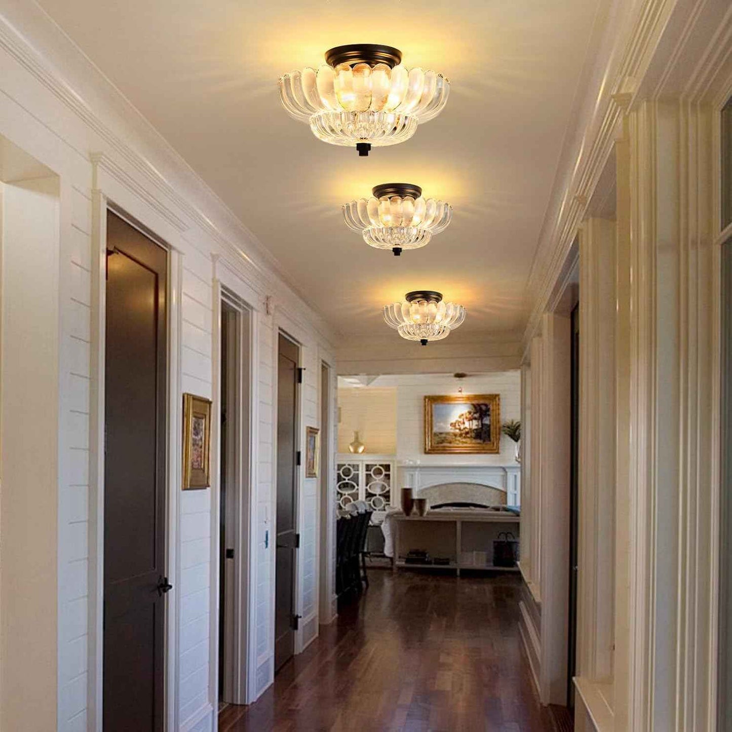 Modern Semi Flush Mount Ceiling Light Fixture with Brown Glass & Black Base - Ideal for Living Room, Kitchen, Bedroom, Hallway (Bulb Not Included)