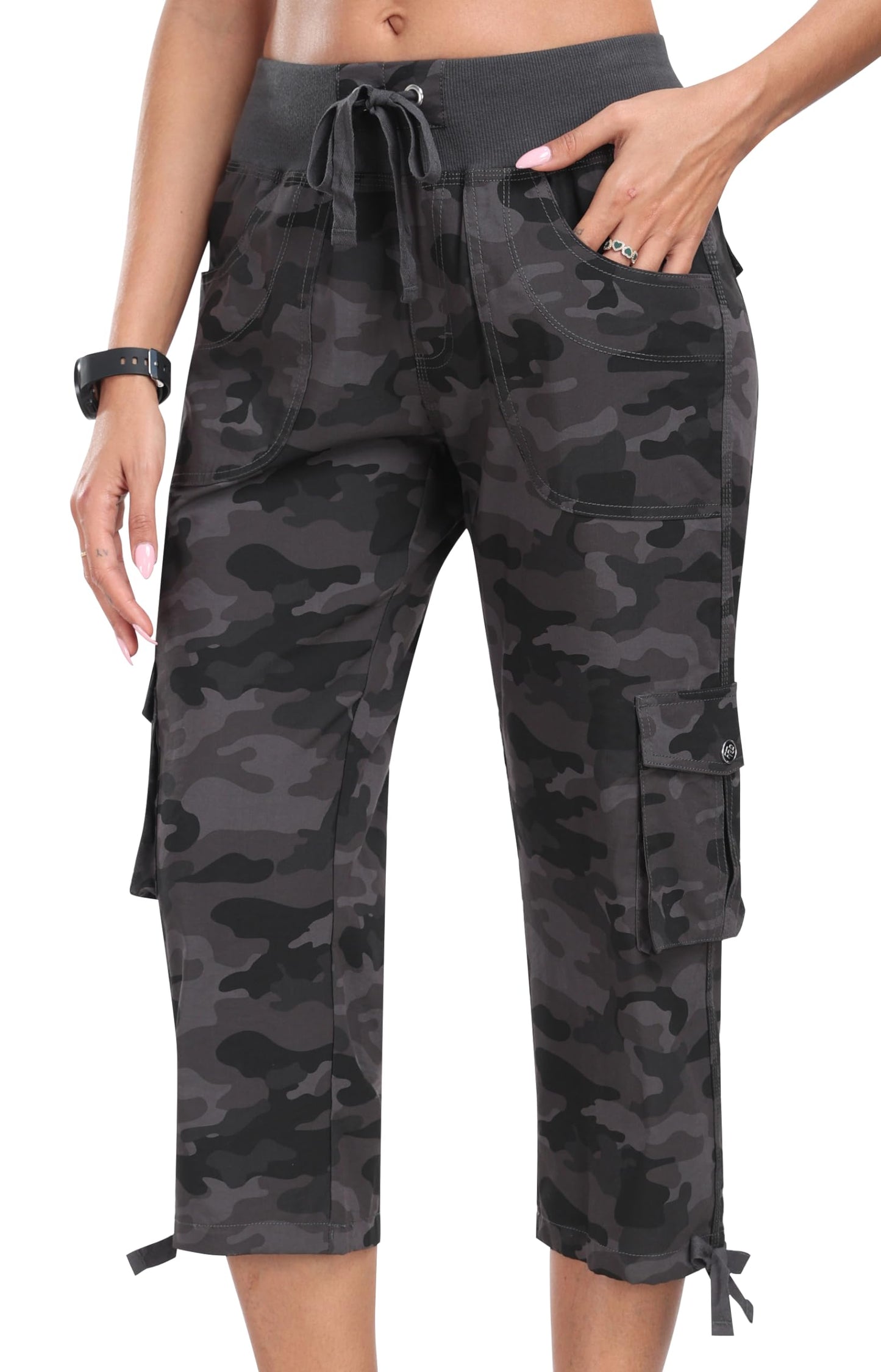 MoFiz Womens Capris with Pockets Loose Fit Casual Capri Pants Dressy Lightweight Ladies Baggy Cargo Pants for Hiking Camo Gray M