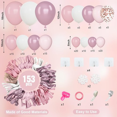 Amandir 153-Piece Pink & White Balloon Arch Garland Kit - Pastel Latex & Metallic Confetti Balloons for Weddings, Showers & Birthdays