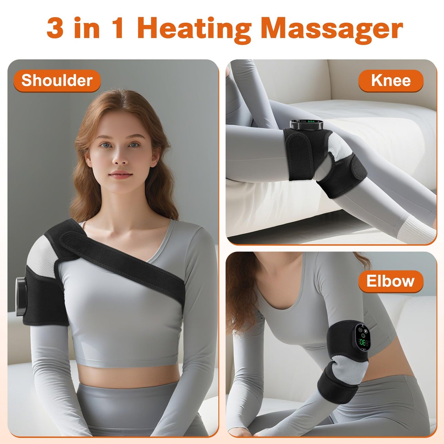 Cordless Heated Knee Massager with Vibration, Heated Knee Brace Wrap, Heating Knee Pad for Knee Elbow, Knee Heating Pad for Arthritis with 6 Heating Levels, 3 Massage Modes&Timer (Black+White)