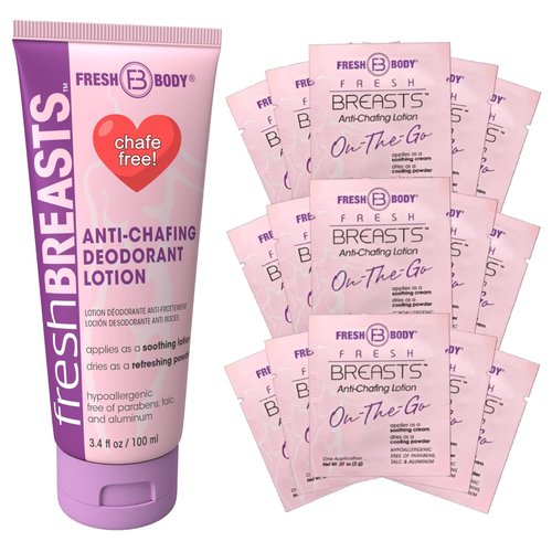 FRESH BREASTS Starter Pack - Anti Chafing Deodorant Lotion to Powder for Women, 3.4oz and On-The-Go Travel Size .07oz (15 pack) - Anti Chafe Cream Whole Body Deodorant for Women No Talc or Aluminum