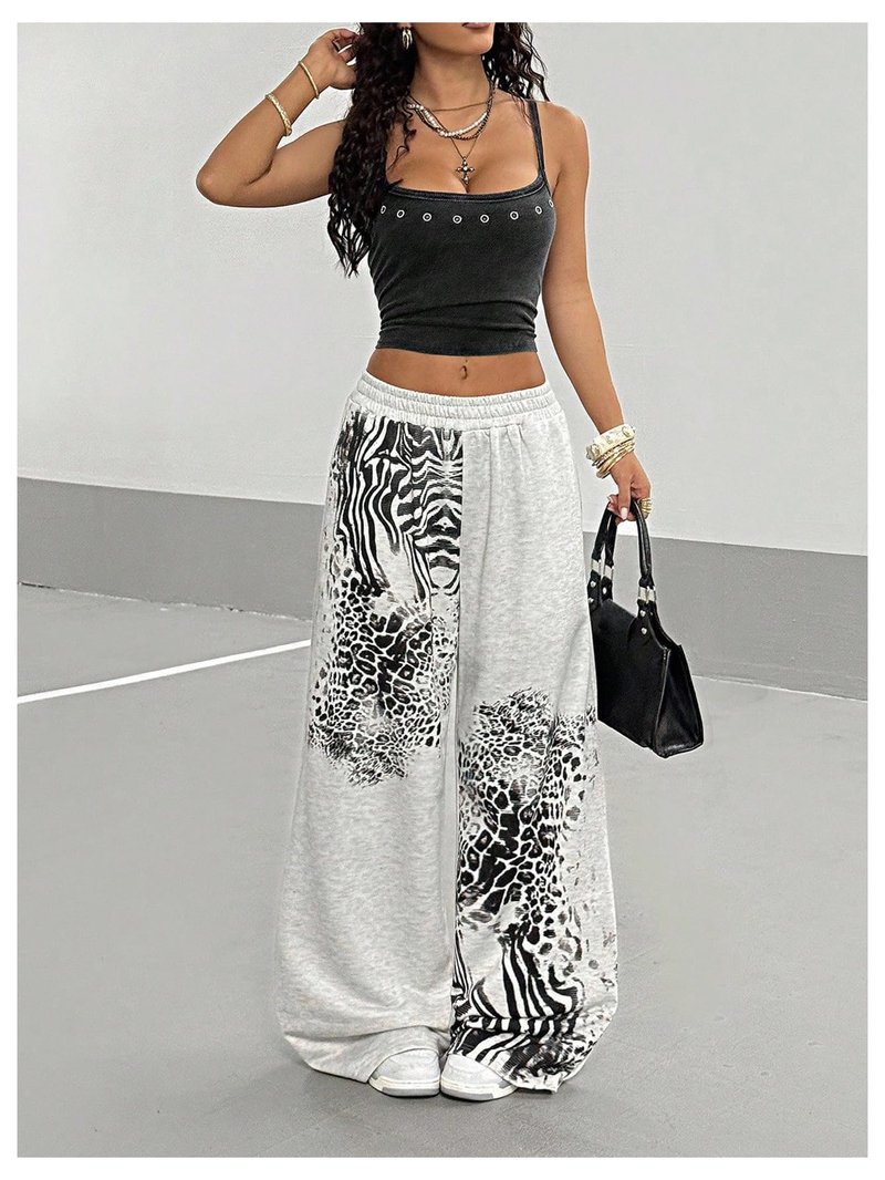 Verdusa Women's Y2k Goth Leopard Print Baggy Sweatpants Elastic Waist Wide Leg Long Pants Light Grey Small