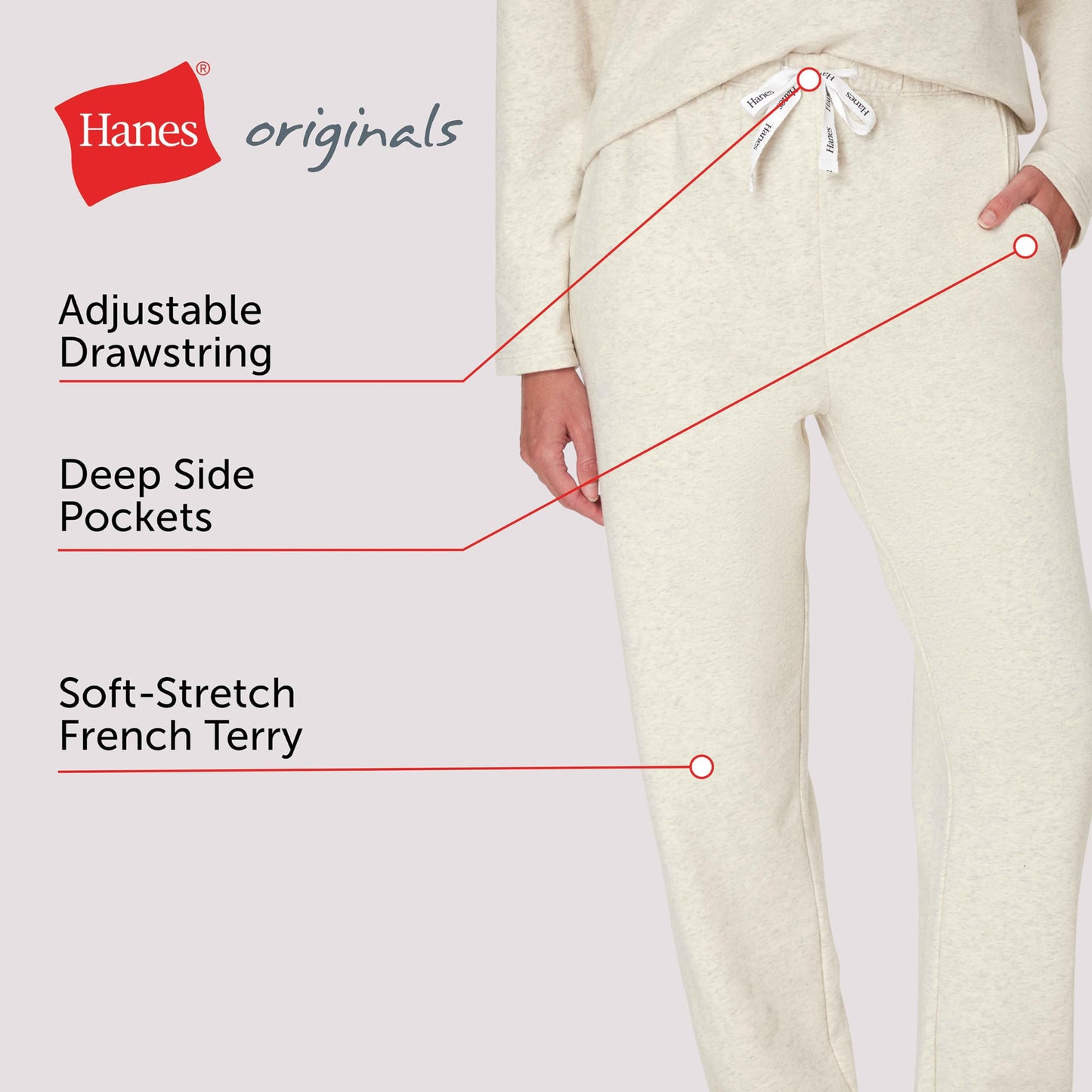 Hanes Women's Originals French Terry Joggers, Lightweight Lounge Pants for Women, Comfywear Loungewear, 28"
