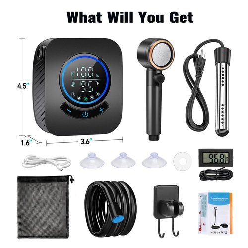 Upgraded Portable Shower with Heater, 1500W Immersion Heated, 8000mAh Rechargeable Camping Shower Pump with LED Display, IPX8 Waterproof Lightweight Outdoor Shower Pump Kit for Hiking