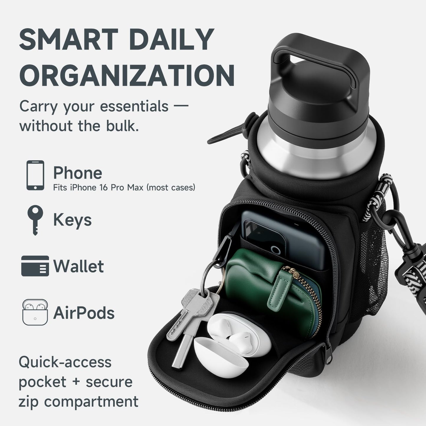 TANAAB Water Bottle Holder with Strap, Neoprene Crossbody Carrier, Phone Pocket, 1.46" Wide Strap, Fits 24-40oz