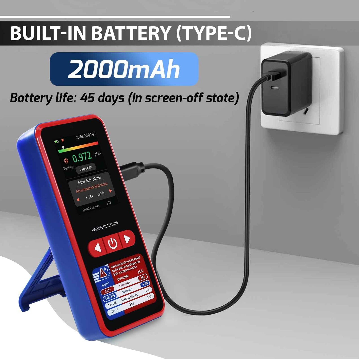 Radon Detector Portable Radon Tester, 0.09-1000pCi/L Radon Detector for Home, 504-Day Data Storage Radon Monitor with Buzzer and Visual Alarm, Large LCD Screen 45-Day Battery Life for Home Basement