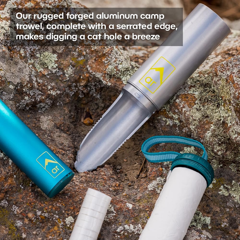 AR Backpacking Trowel Toilet Kit - Includes Aluminum Camping Shovel, Toilet Paper, Packout Bags, Soap Flakes & Compressed Towelettes