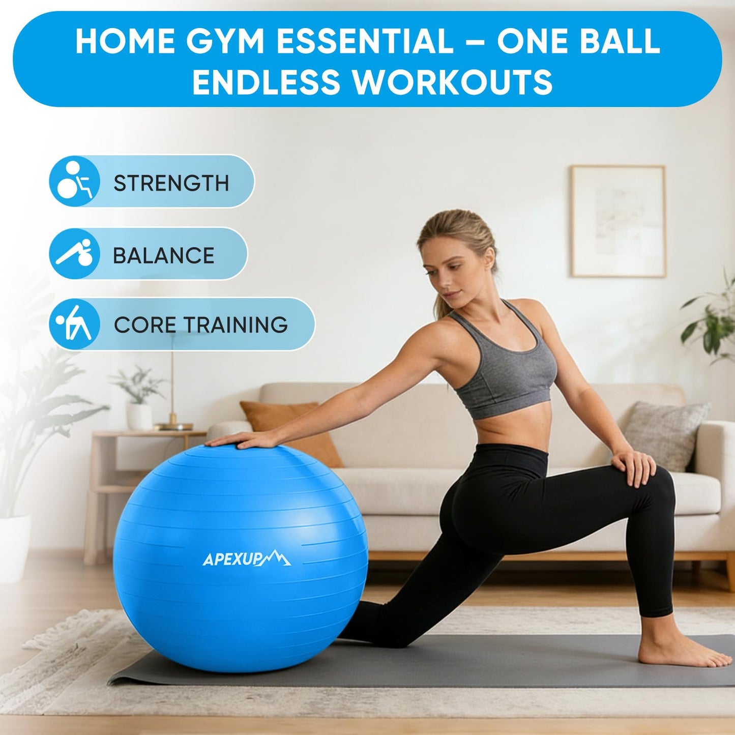 APEXUP Yoga Ball, 660 lbs Anti-Burst Exercise Ball with Pump, 5 Sizes (XL (27"~30") 75cm, Blue)