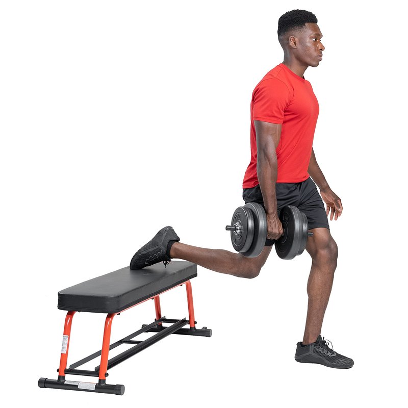 Sunny Health & Fitness Power Zone Strength Flat Bench with Dumbbell Rack and Transport Wheels - SF-BH6996, Black