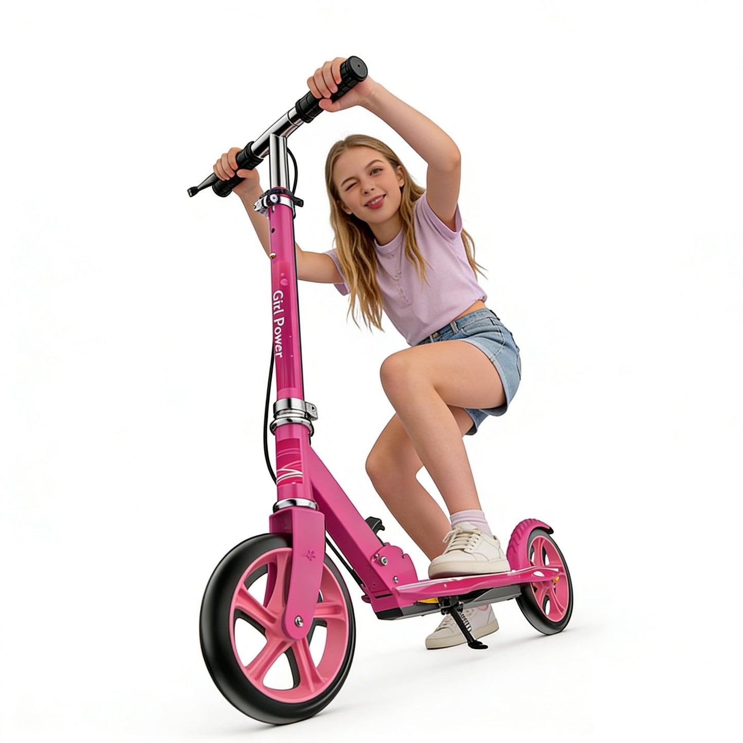 Kick Scooter for Adults Teens Kid Foldable Lightweight Sport Scooters with Hand Brake Adjustable Height Folding, Large Wheels Durable Load 300 LBS Pink
