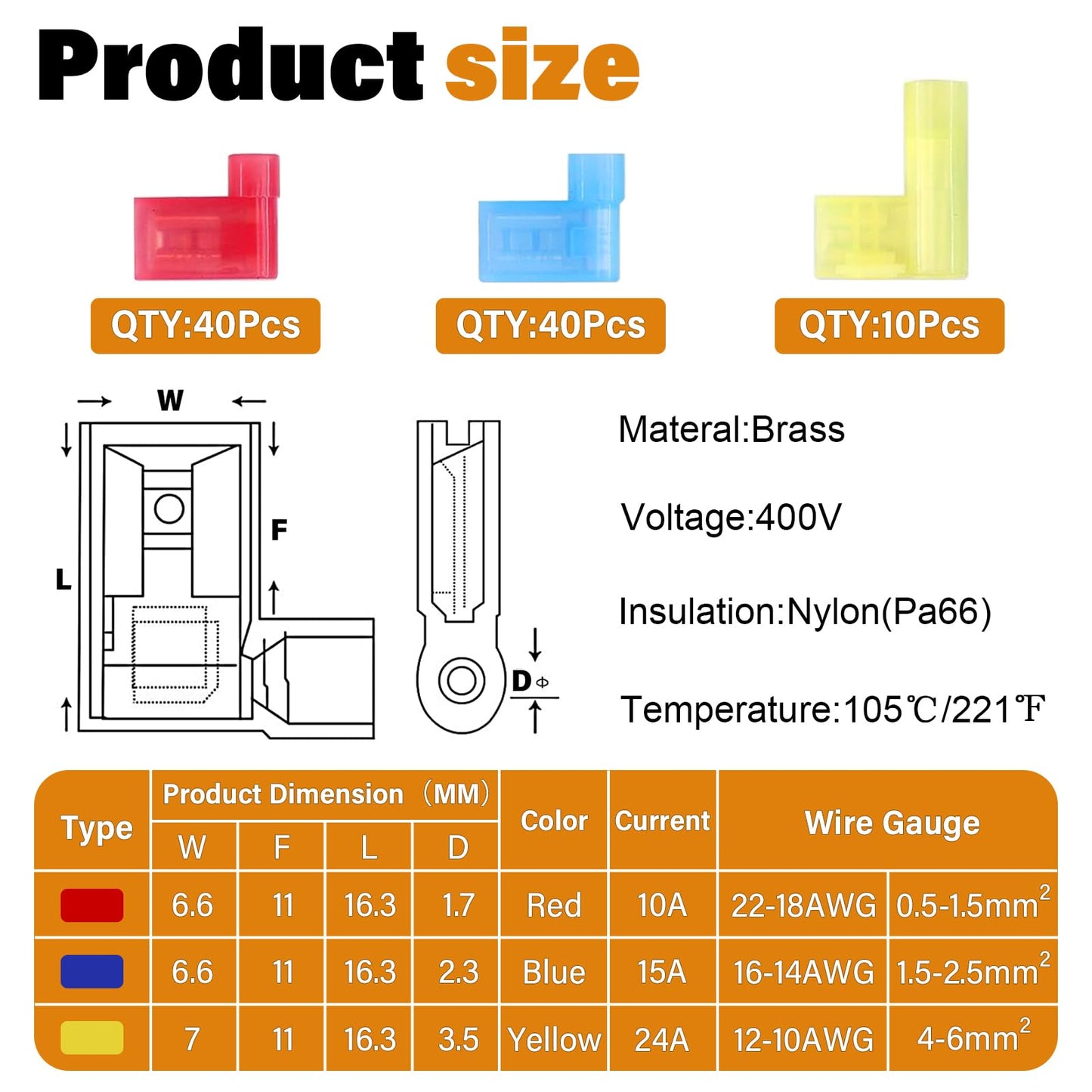 JTAREA 90PCS 3 Values 90 Degree Right Angle Flag Spade Connector Wire Terminal Crimp Connectors Quick Disconnect Female Nylon Crimps Terminals for 22-18 16-14 12-10 AWG Gauge Wiring