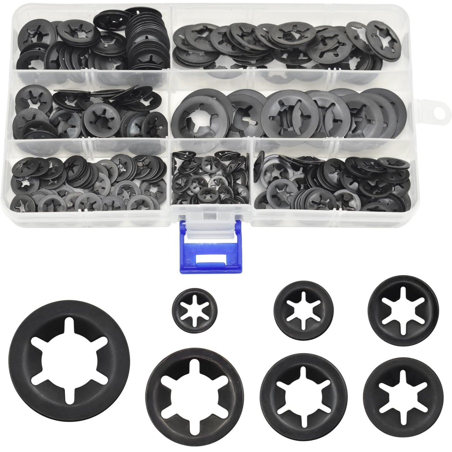 BDS-HOME 340 PCS 7sizes Internal Tooth Starlock Washers Assortment Kit, 65Mn Steel Fasteners Washers Black Oxide Finish Quick Speed Locking Washers