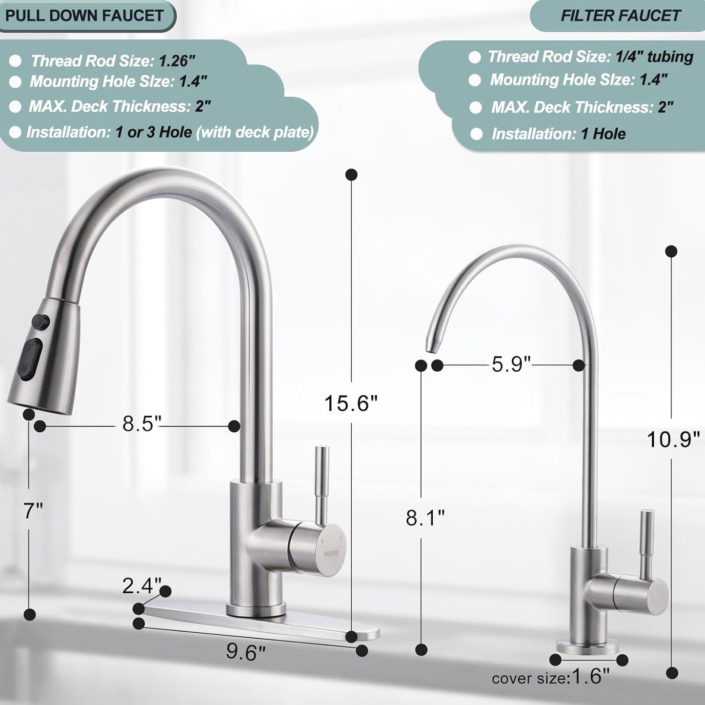 Stainless Steel Kitchen Faucet Combo with Water Filter - Brushed Nickel Sink Faucet for RO Systems