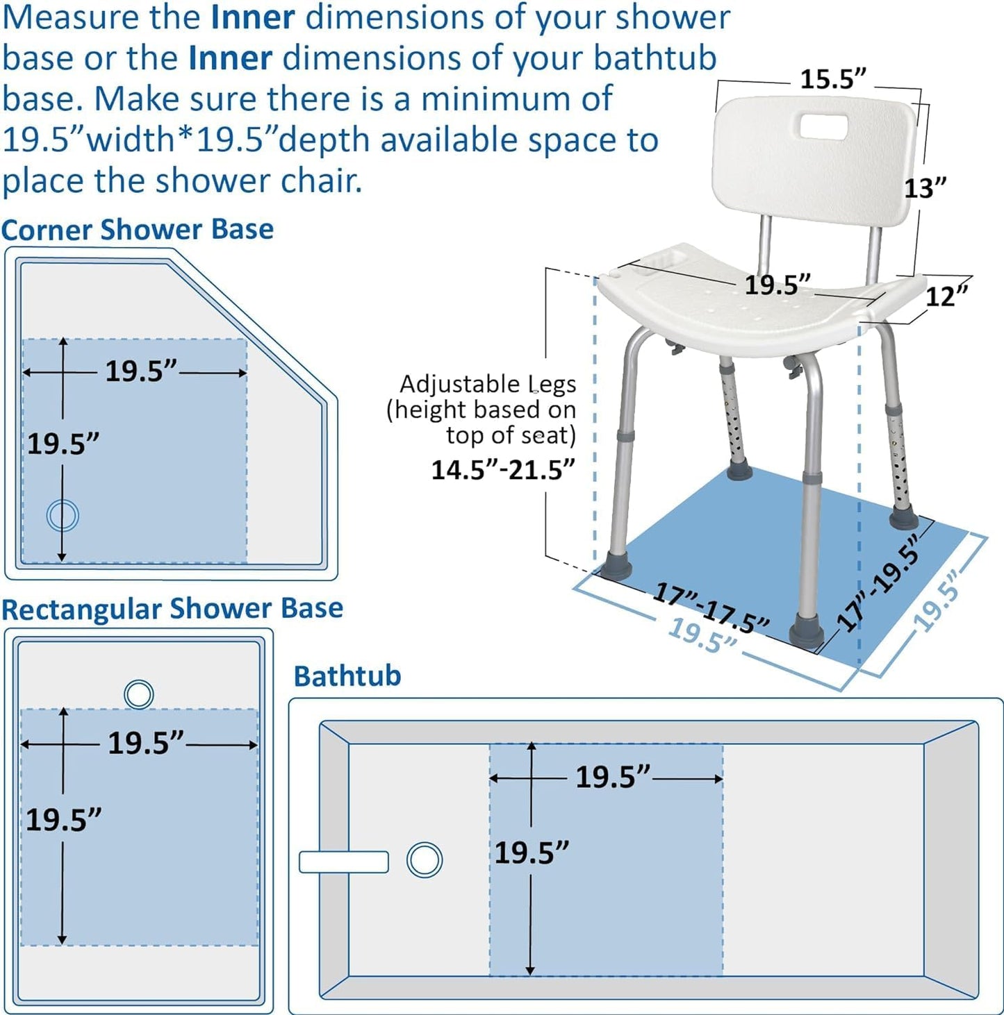 Vaunn Adjustable Shower Chair - Tool-Free Assembly Spa Bathtub Seat Bench with Removable Back