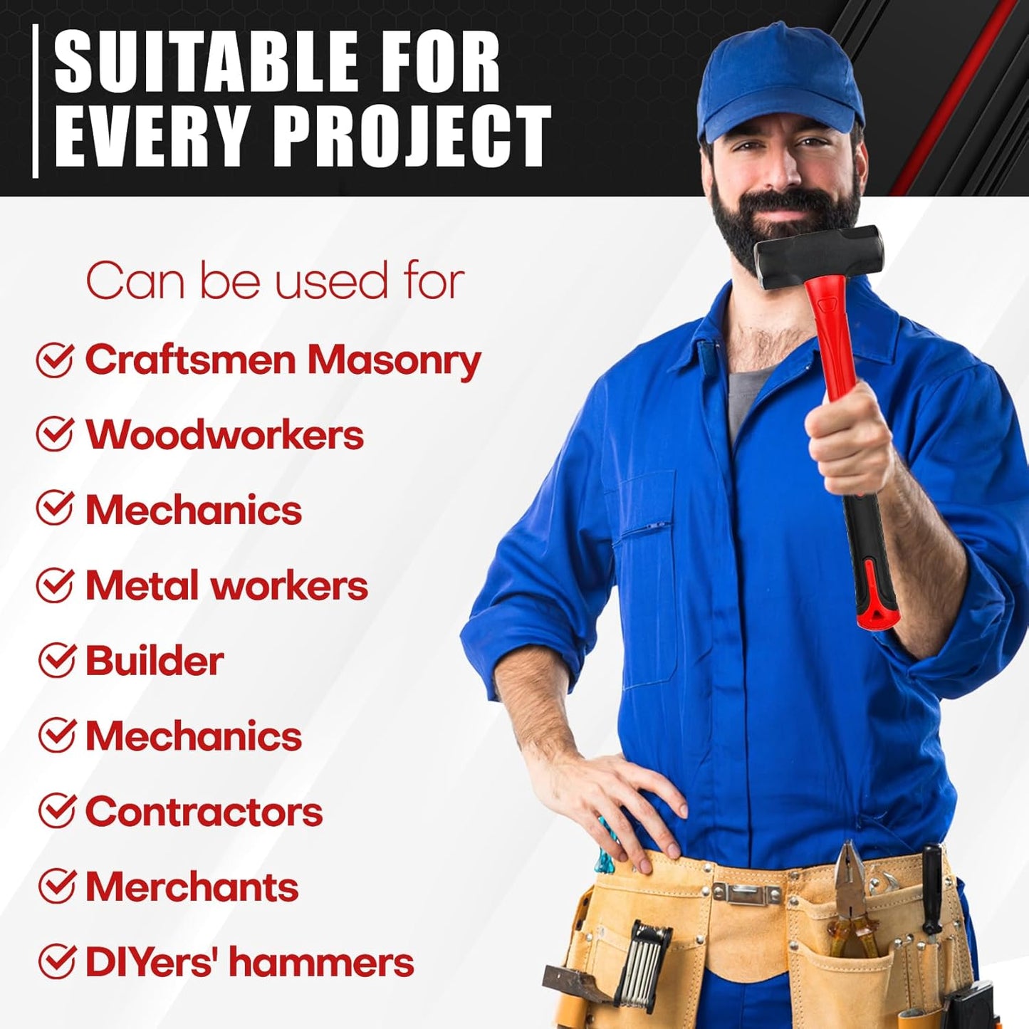 5-Piece Hammer Set with Fiberglass Handles | Ball Peen, Rubber Mallet & Sledge Hammers