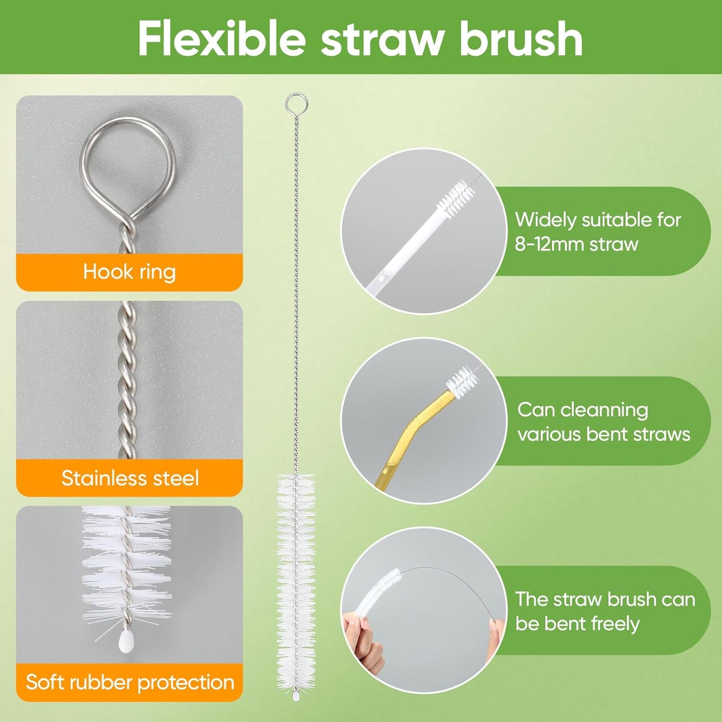 Skiennix 3-Piece Bottle Cleaning Brush Set - Long Wooden Handle for Stanley Cup Tumblers | Includes Lid & Straw Brushes