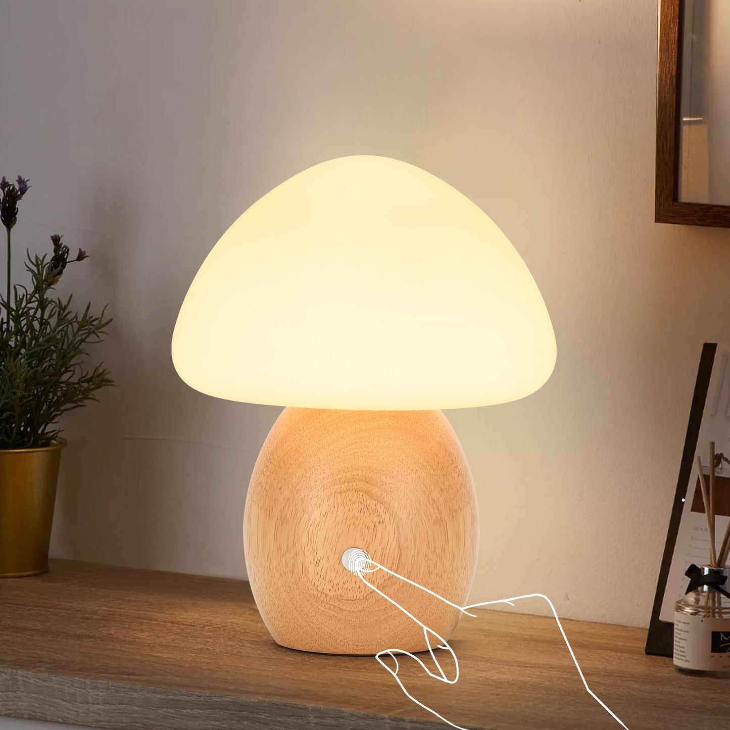 BNYFDC Mushroom Lamp with Touch Control Switch, Small Wooden Table Lamp with Glass Shade, 3 Way Dimmable Nightstand Lamp for Bedroom, G9 LED Bulb Included (Nature Wood&White Shade)
