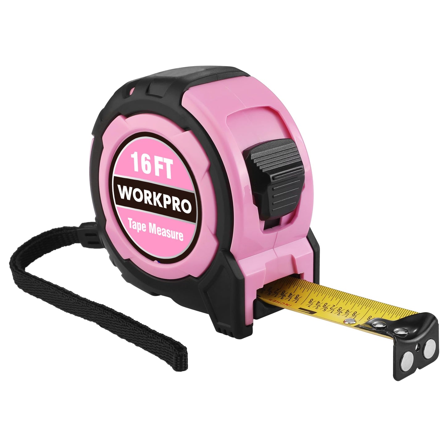 WORKPRO 16FT Pink Tape Measure, 1/8 Fractions Easy Read Measuring Tape, Retractable Nylon Coating Measurement Tape Accuracy 1/32, Magnetic Hook, Belt Clip, Rubber Protective Casing