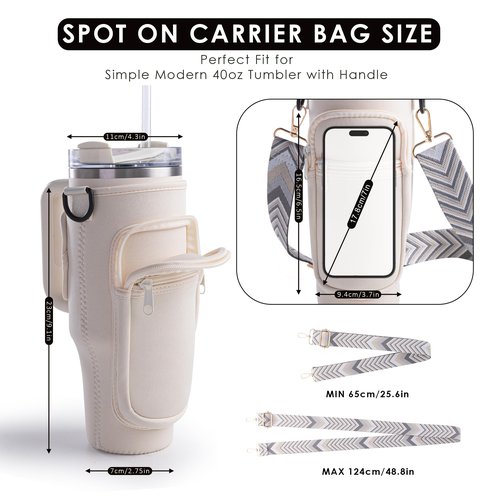 Water Bottle Carrier Bag with Phone and Cards Pockets 40/30oz Tumblers Water Bottle Holder with Adjustable Strap - Ideal Fit for Stanley Cup(White)