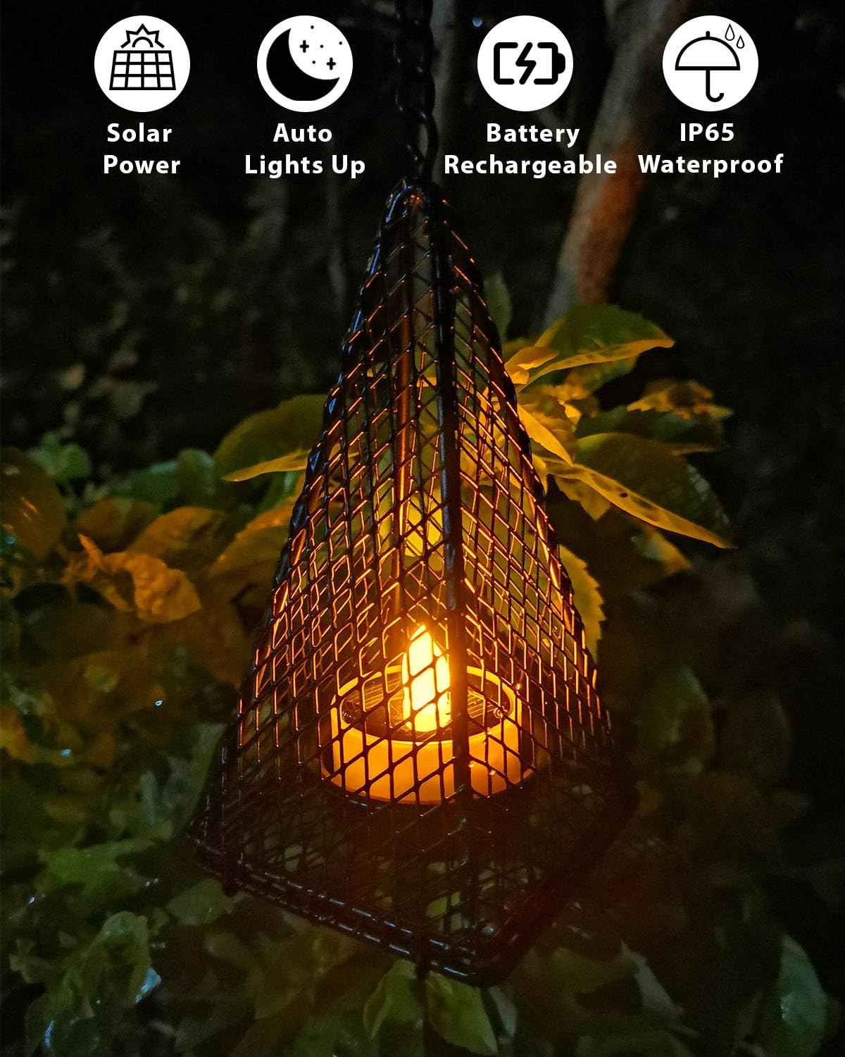 Solar Hanging Lights Outdoor, 4 Pack Hanging Lanterns Candle Holder with Solar Tea Lights Candles Outdoor Waterproof, Chandelier Ideas for Tree Gazebo Pergola Patio Decor