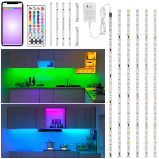 RGBW Under Cabinet Lighting Kit with App and Remote Control 6 PCS LED Strip Lights for Kitchen Cabinet, Counter, TV Shelf, Desk, Music Sync, Color Changing, ETL Listed Power Supply, 9.8ft