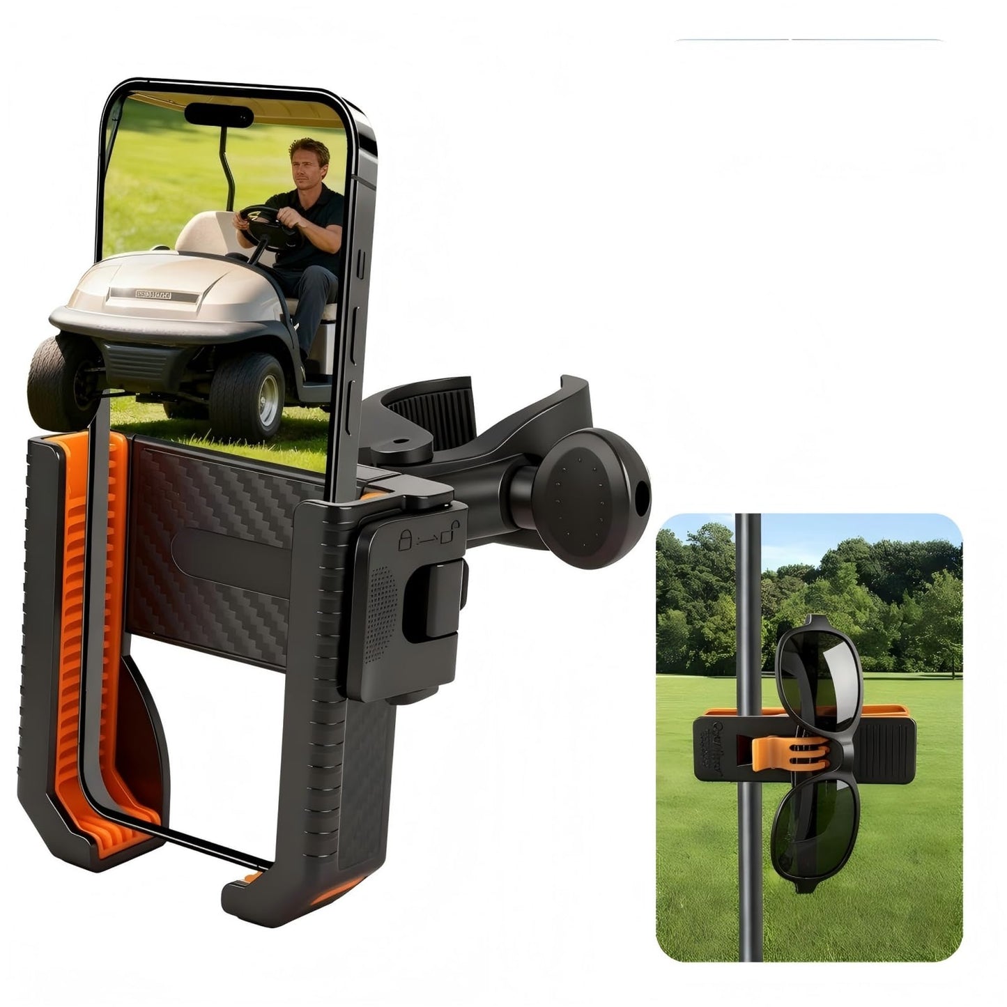 Loxnzify Golf Cart Phone Holder Mount-360° Rotation,Ultra-Stable Grip for All Phones, No Metal Needed,Includes Sunglasses Holder for Golf Cart,Perfect for Outdoor Sports (Black＆Orang)