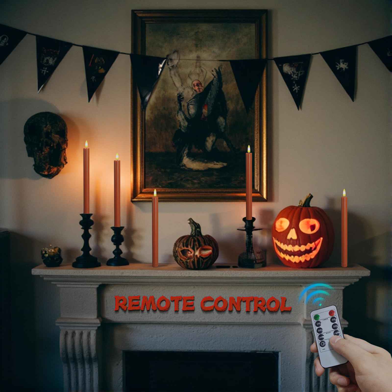 SUNGEGE Orange Flameless Taper Candles, 6 Pack, 0.78 x 9.9 Inches, LED Flickering with 2 Remotes, Battery Operated for Halloween, Fall, and Thanksgiving Decorations