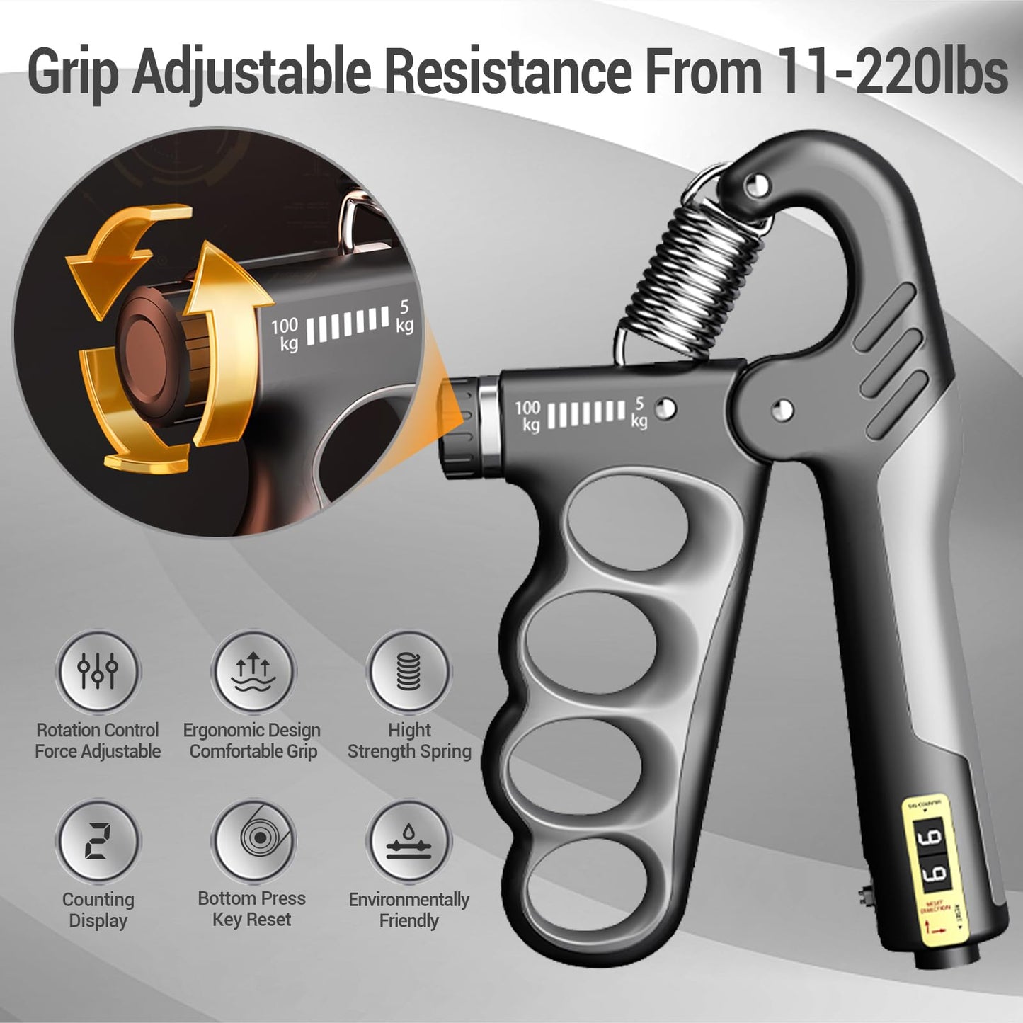 Hand Grip Strengthener, Forearm Strength Trainer- Adjustable Resistance 11-220Lbs Hand Grip with Counting,Finger Exerciser,Hand Extension Exerciser for Muscle Building and Injury Recover Combo Set