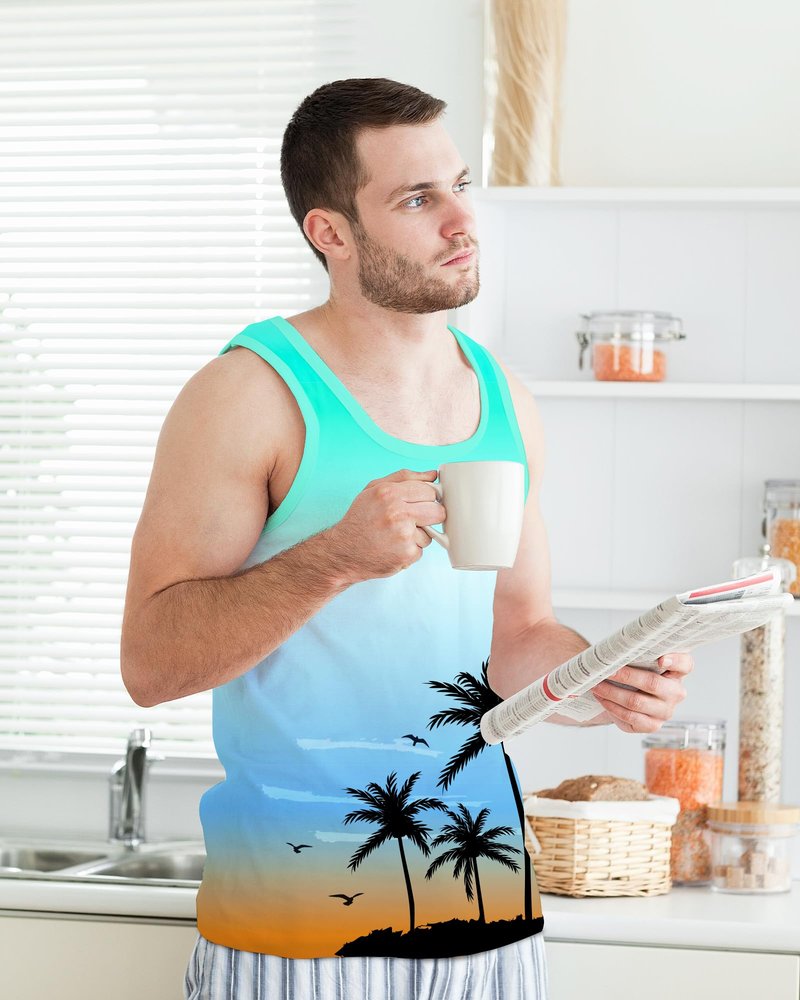 Nidoul Mens Beach Tank Tops Summer Graphic Palm Tree Sleeveless Shirts for Men Vacation Gym Running Workout Tank Top, Retro Blue Orange L