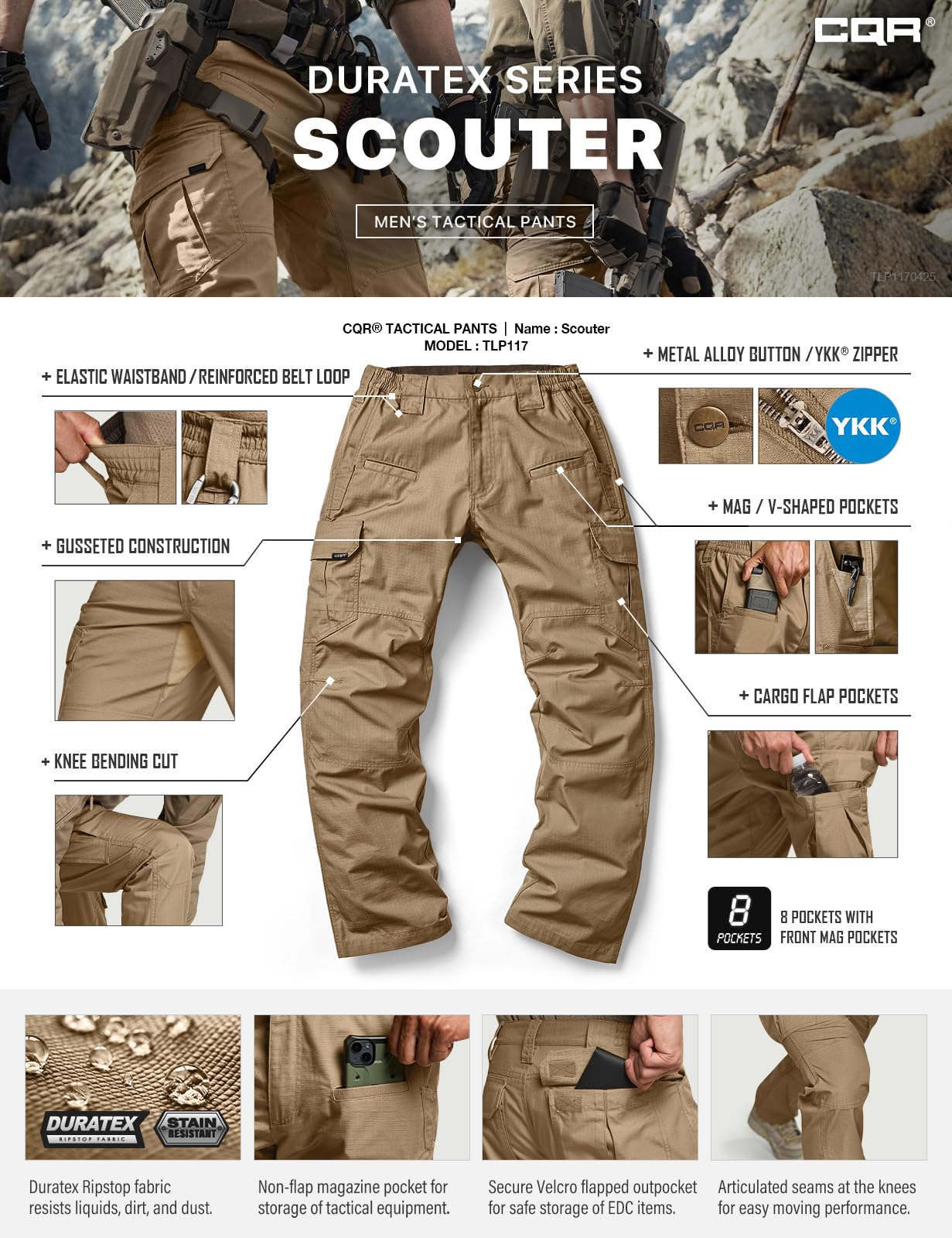 CQR Men's Tactical Pants, Water Resistant Ripstop Cargo Pants, Lightweight EDC Work Hiking Pants, Outdoor Apparel, Raider Cougar, 42W x 32L